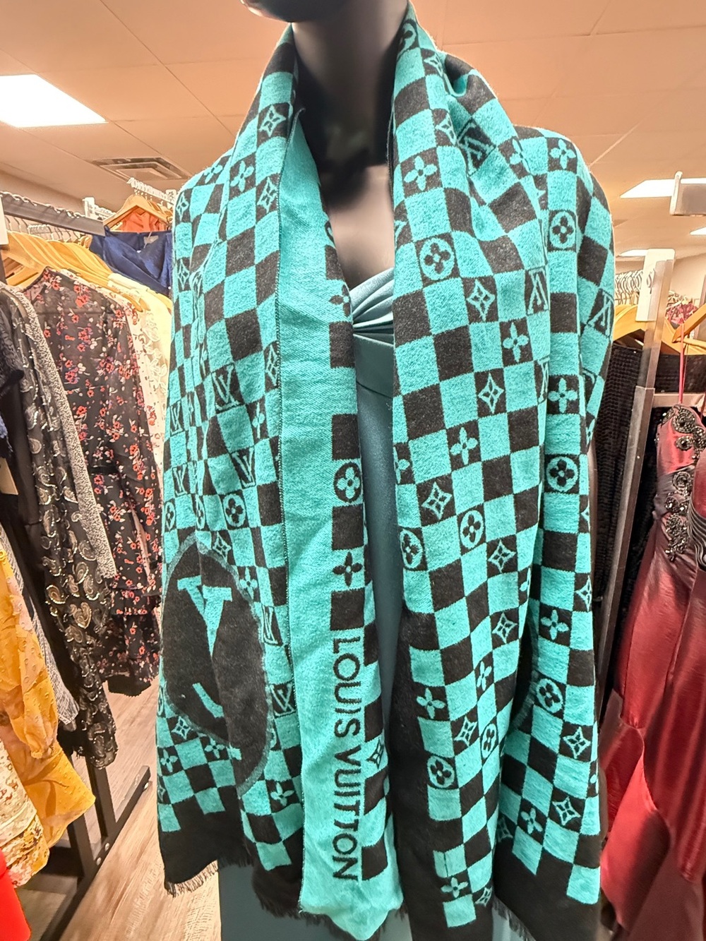 Louis Vuitton Teal and Black Checkerboard Monogram Shawl